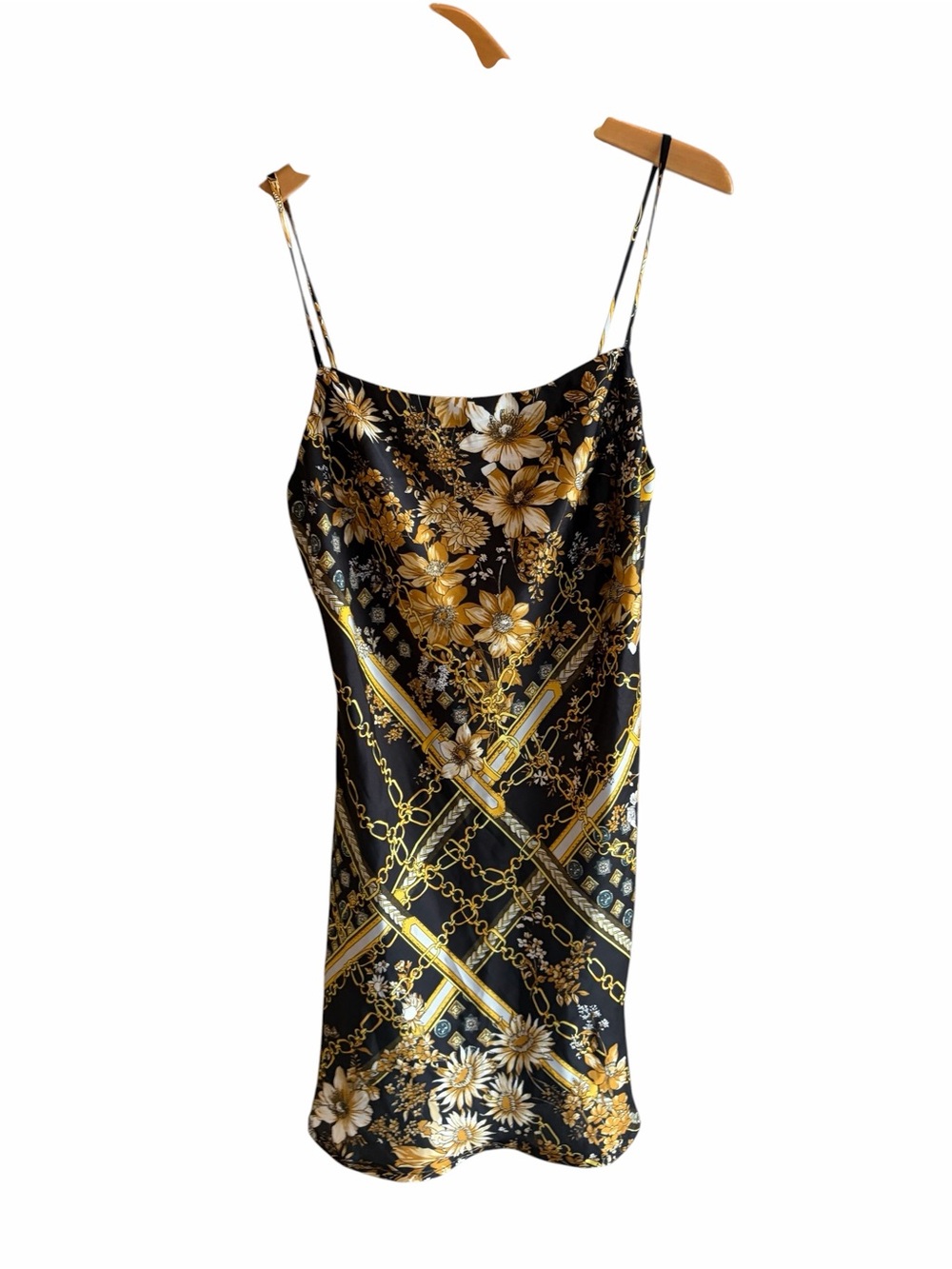 Princess Polly Lucci Slip Mini Dress Square Neck Floral Chain Slit Black Gold 6 - Picture 6 of 11